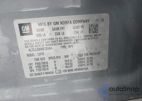 2019 Chevrolet Trax Lt z USA, uszkodzony, nr VIN KL7CJLSB4KB785864